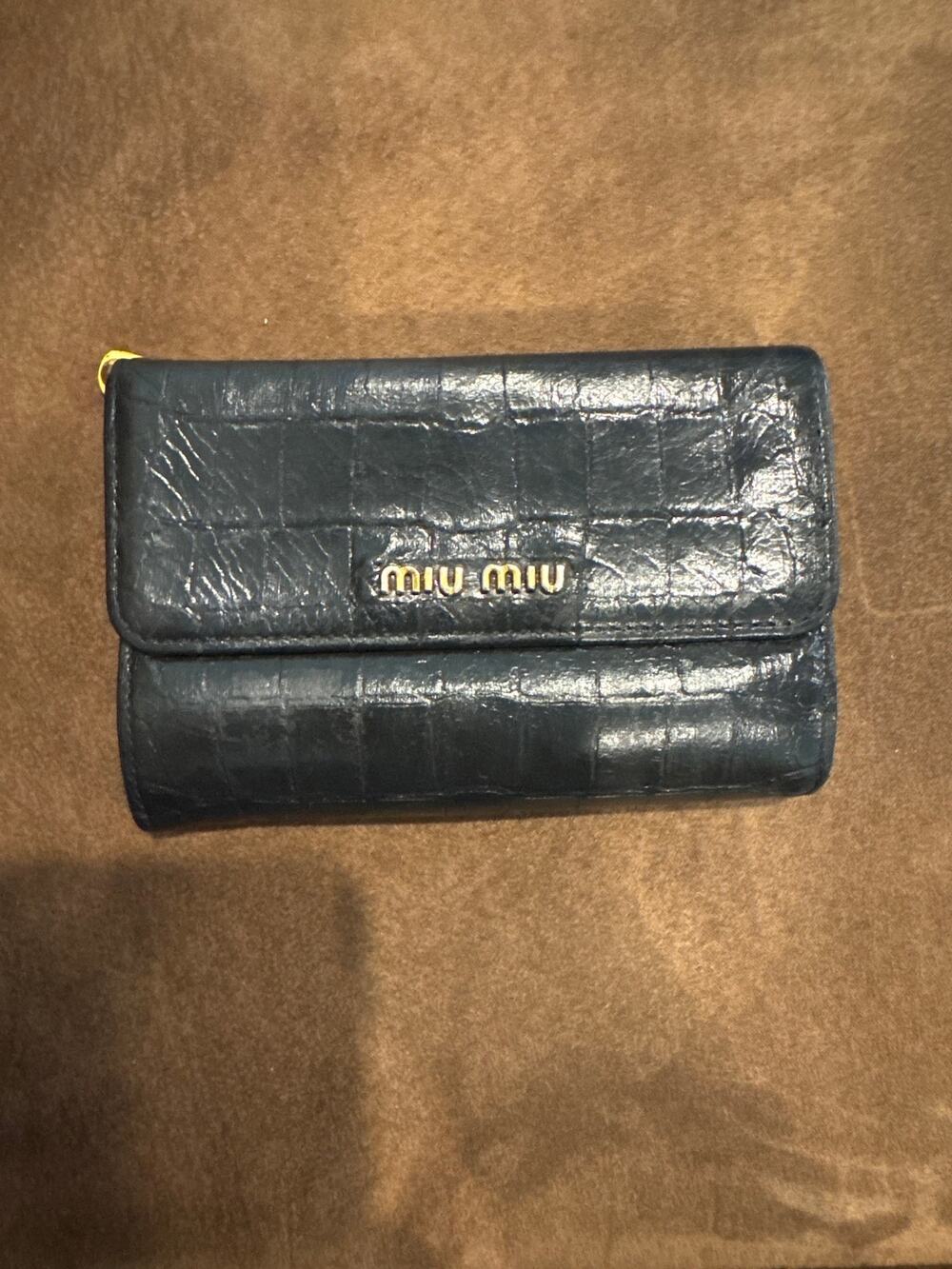 Miu Miu Croc-Embossed Leather Continental Wallet Black w Gold Hardward